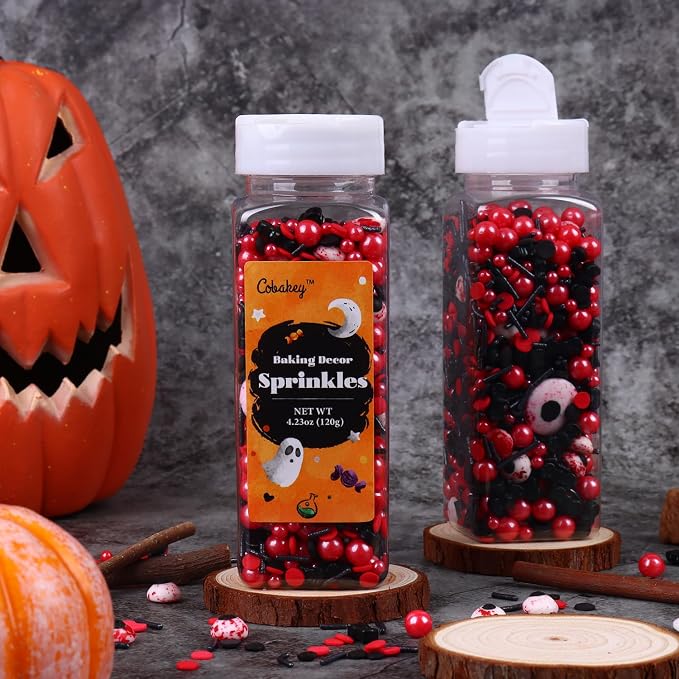 Eyeball Sprinkles for Cake Decorating, Black & Red Pearl Sprinkles with Black Bats & Eyeball Candy, Perfect for Halloween Dessert Party 4.23 Ounce