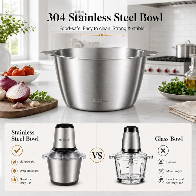 HOMEASY Meat Grinder Electric, Food Processor 2L Stainless Steel Meat Blender Food Chopper for Meat, Vegetables, Fruits and Nuts with 4 Sharp Blades, 350W, 8 Cups