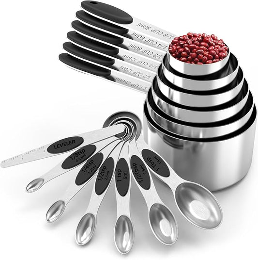 TILUCK Stainless Steel Measuring Cups and Spoons Set with Silicone Handle – Nesting Design for Space-Saving, Heavy Duty & Dishwasher Safe for Dry/Liquid Ingredients, Cooking & Baking (13)