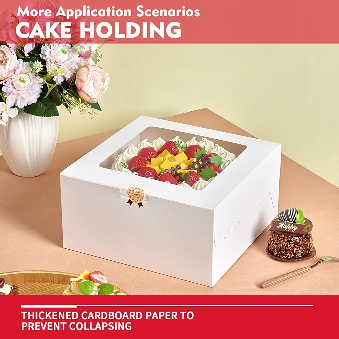 5 Pack Cake Boxes, 10x10x5 Inches Cake Boxes with Boards, White Square Bakery Boxes with Window, Disposable Cake Containers with Lids for Pastry Pie Cookies Chocolates Wedding Birthday Party