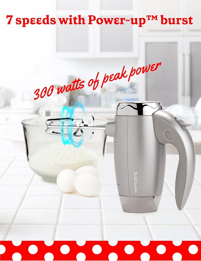 BETTY CROCKER Hand Blender 7 Speed, 250 Watt Electric Mixer with Beaters and Dough Hooks, Ergonomic Electric Hand Mixer for Home & Kitchen with Stand and Soft Touch Handle, Silver