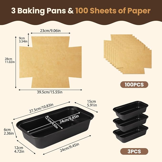 HUAKENER Loaf Pan with Liners Set: 3-Pack Nonstick 9 x 5 Inch Bread Loaf Pan and 100 PCS Loaf Liners for Homemade Bread Cake Sourdough Banana Sandwich Bread