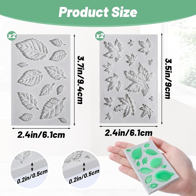 Beasea Silicone Molds Leaf Making, 4pcs Mini Fondant Leaf Shape Molds Silicone Nonstick for Cake Decoration Chocolate Candy Small Tiny Leaves Baking 2 Types 4pcs Moulds Sheet Mat