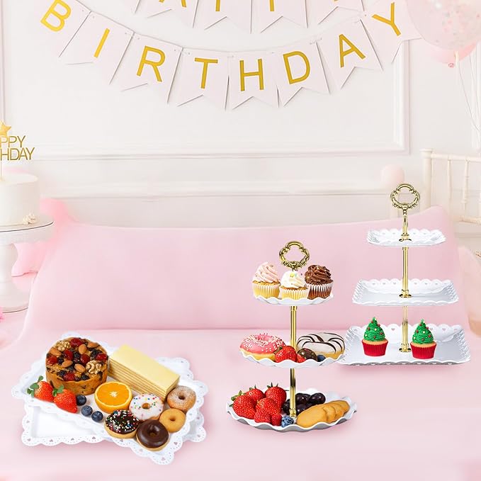 Frigg Dessert Table Display Set,5Pcs Cake Stand,2Pcs 3 tiered Cupcake Stands and 3Pcs Dessert Trays serving trays for Party Baby Shower Wedding Tea Party