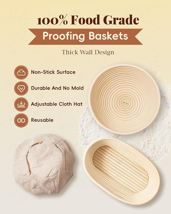 TAOMAND Complete Sourdough Starter Kit for Beginners & Manual | Sourdough Bread Baking Supplies with Round & Oval Banneton Bread Proofing Basket, Bread Sling, Starter Jar, Dough Whisk, Scrapers & Bag