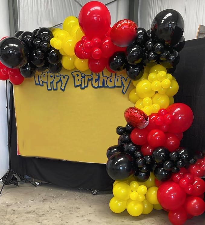 Red Yellow Black Balloons Garland Arch Kit, 154pcs Mouse Birthday Party Decorations with Different Sizes Latex Balloons for Baby Shower Wedding Graduation Cartoon Game Theme Party Decorations