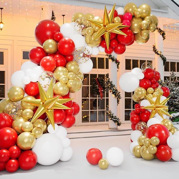 Bonropin 161pcs Red Gold and White Balloons Garland Arch Kit - 5/10/12/18in Red, Gold, White, Explosion Star Balloons for Valentine's Day Birthday Engagements Anniversary Party Decoration