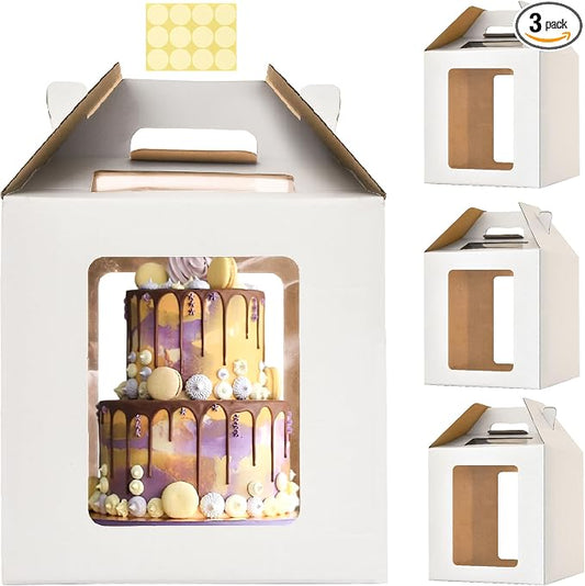 3 Pack 14x14x14 Inch Tall Cake Boxes for Tier Cakes, 12in 14in Large Tiered Cake Box,Disposable Layer Tall Baking Carrier with Window for Wedding, Birthday