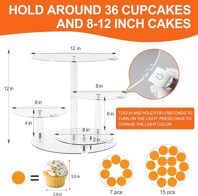 Cake Stand with Rechargable LED Light, Round Light Up Cupcake Stand, Cupcakes and Cakes Comb for 8-12 Inch Cakes, Tiered Cake Tree Tower, Clear Dessert Display Stand for Wedding Birthday Party