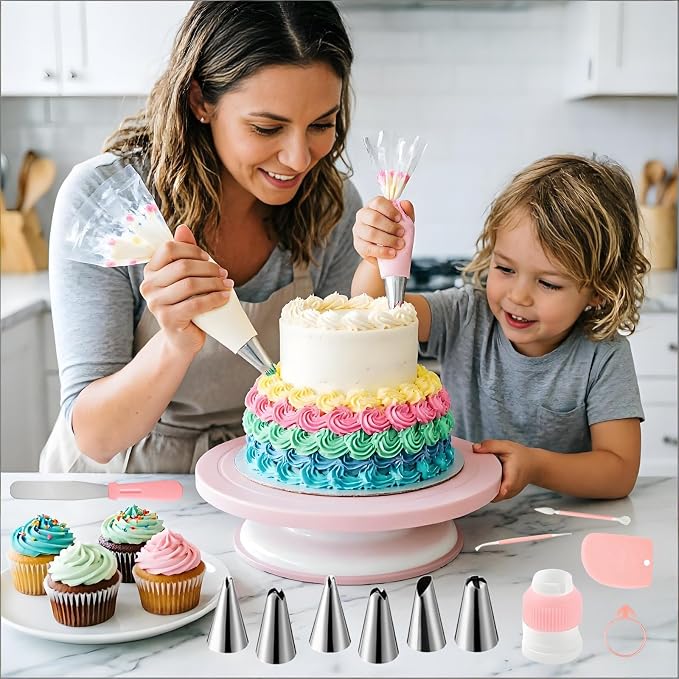 ANSLYQA Cake Decorating Kit, 298 Pcs Baking Tools (Pink) | Cake Turntable, Leveler, 24 Numbered Icing Tips, 2 Spatulas, 8 Carved Pens, 100 Pastry Bags, 100 Cupcake Liners & More