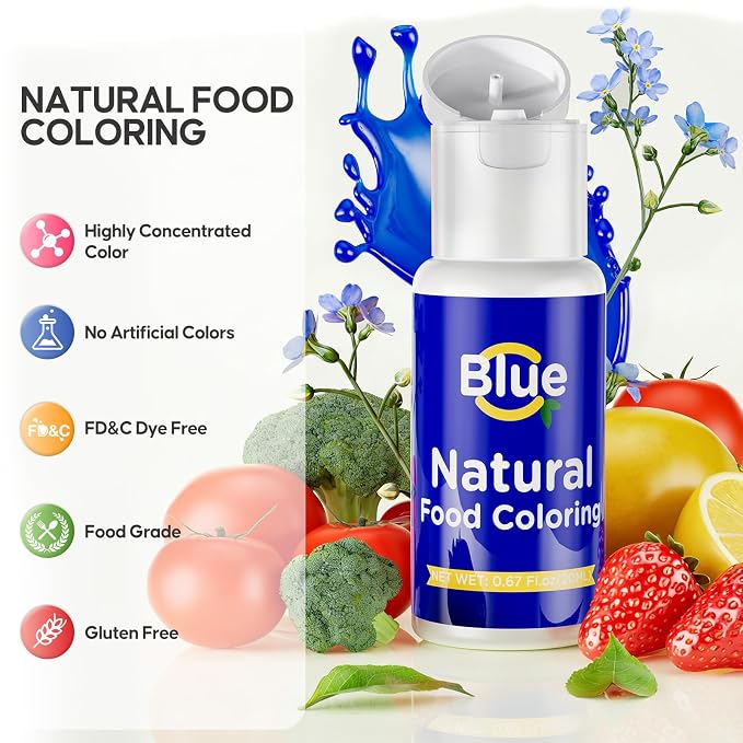 Natural Food Coloring- 20 Milliliters Dye Free Natural Food Coloring, FD&C & Artificial Dye Free Formula for Baking, Icing and Cooking, Cakes, Cupcakes, Frosting，Easter Eggs & Holiday Treats (BLUE)