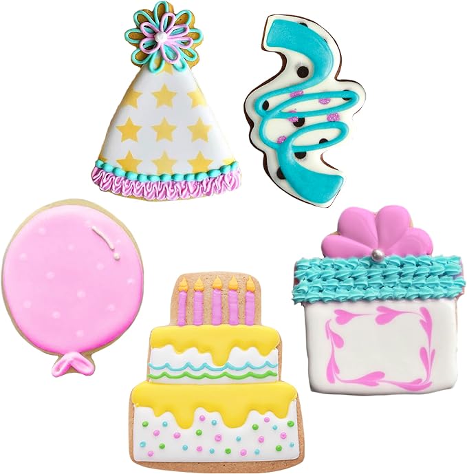 Ann Clark Cookie Cutters Birthday Cookie Cutters 5-Pc. Set Made in USA, Balloon, Birthday Hat, Cake, Present, Confetti