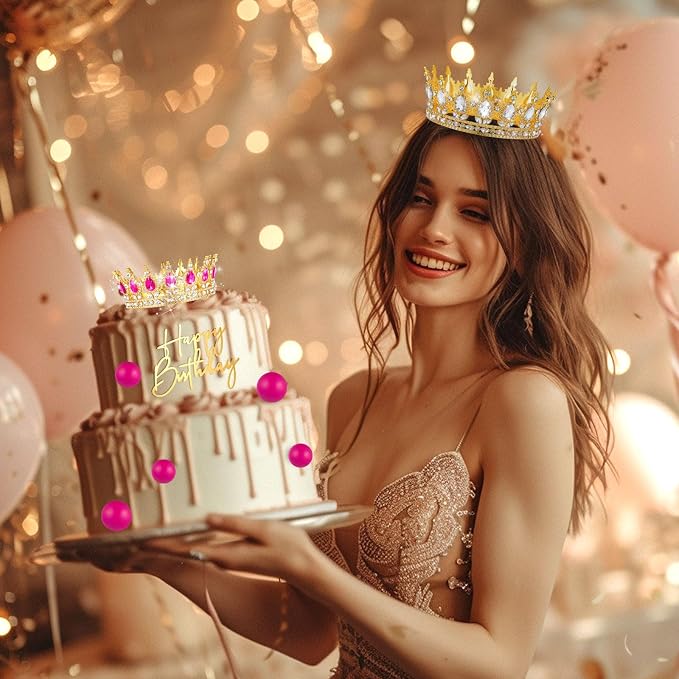 8 Pcs Rose Red and Gold Queen Crown Cake Topper for Women, Happy Birthday Cake Toppers Foam Balls Rhinestone Crystal Tiara Wedding Decoration for Princess Party Photo Props