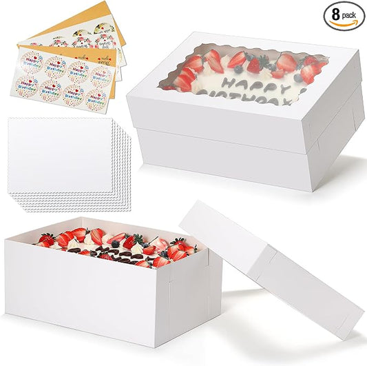 COTOPHER 14x10x6 In Sheet Cake Boxes, 16 Pcs White Bakery Boxes with Large Window (8 Boxes & 8 Boards), Cake Containers for Quarter Cakes, Donuts, Cupcakes, Brownie, Pastry & Pies Packaging