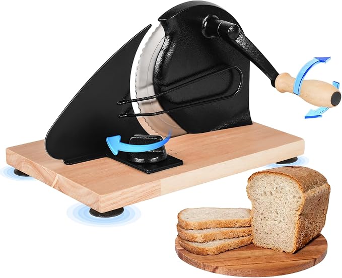 Upgraded Manual Bread Slicer for Homemade Sourdough Bread with Measurement Marks, Adjustable 0"-0.8" Thickness Hand Crank Bread Slicer with Suction Cup for Even Slicing, Kitchen and Commercial, Black