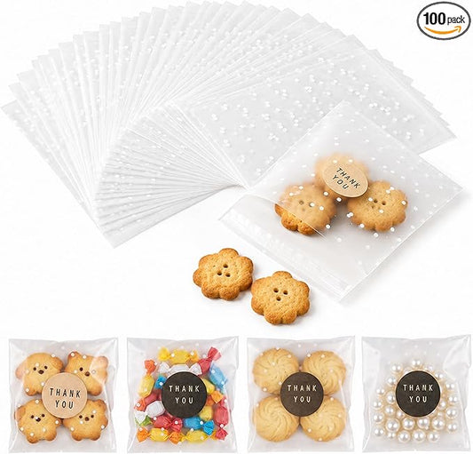 NPLUX 100 Pack 4x4 Cookie Bags with Thank You Stickers, Self Sealing Cellophane Bags for Cookies, Treat Bags for Candy, Clear Graduation Gift Bags for Party Favors, Bake Sale and Cookie Packaging