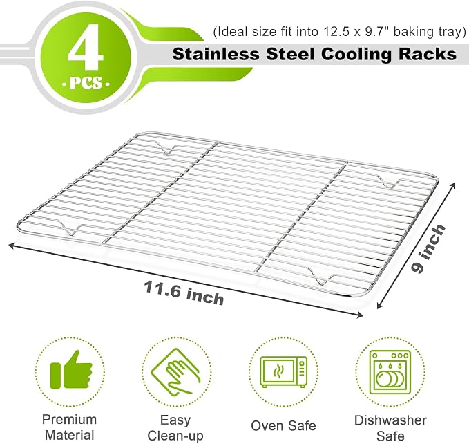 P&P CHEF Baking Cooling Rack Set for Cooking Roasting, 4-Piece Stainless Steel Wire Racks for Oven Use, Healthy & Dishwasher Safe, Rectangle, 11.6 Inch