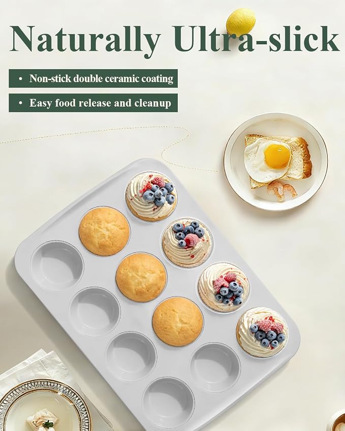 Nonstick Ceramic 12 Cup Muffin Pan, Cupcake Pan for Baking, Non-Toxic Muffin tin, Ceramic Coating, PTFE & PFOA Free, Oven Safe 550°F, Aluminized Steel (Pink)