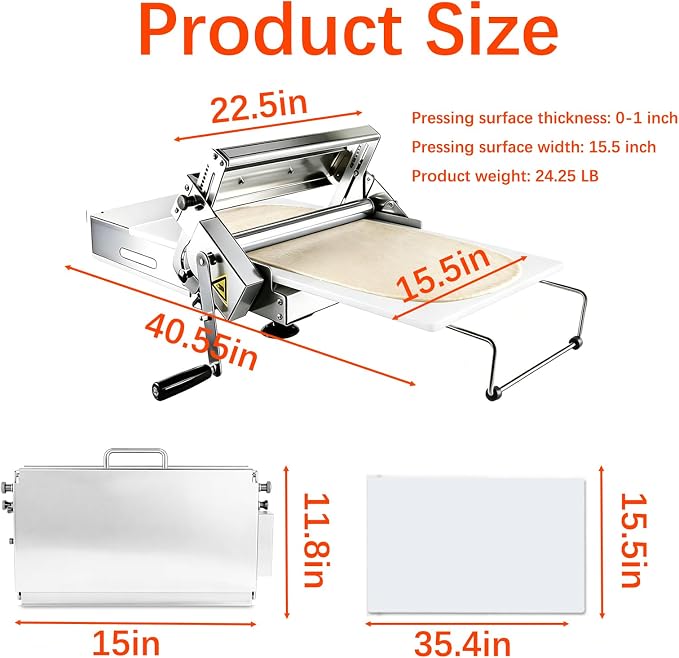 Folding Dough Sheeter, Manual Dough Rolling Machine, Adjustable Thickness, Stainless Steel Manual Dough Sheeter for Croissants, Pizza, Pastry, Home & Commercial (15.5in) | Adjustable Thickness