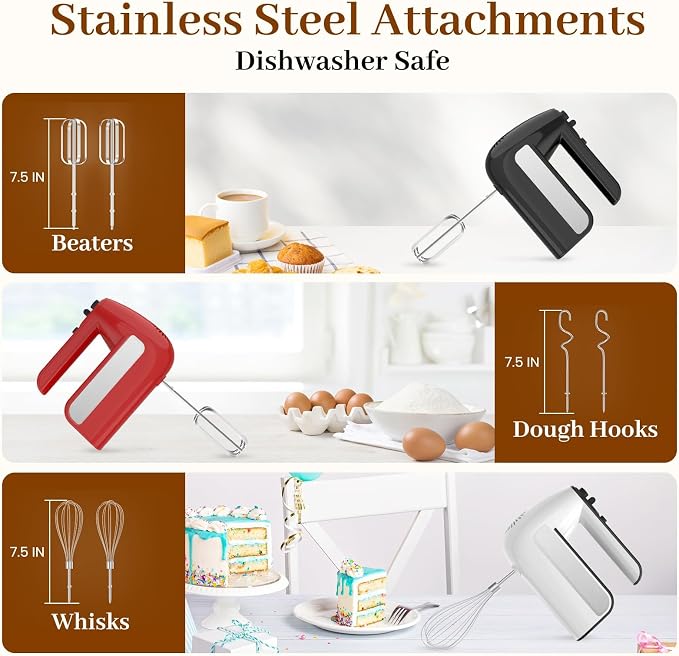 5-Speed Electric Hand Mixer, 800W Handheld Mixer with Turbo for Baking & Cooking, Kitchen Food Mixer with Storage Case & 6 Stainless Steel Attachments (2 Beaters, 2 Dough Hooks, 2 Whisks)-White