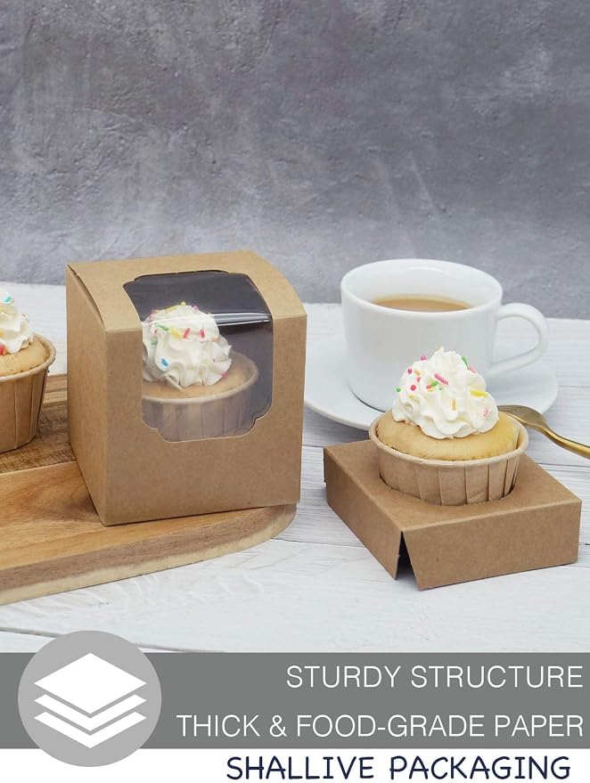 Individual Cupcake Boxes Brown with Window 30pcs for Mini and Standard Cupcakes, Auto-Popup Mini Cupcake Containers with Insert 3.5" x 3.5" x 3.5" for Birthday Baby Shower Gifting