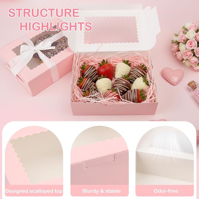 OAMCEG 30 Pack Cookie Boxes with Window, 8x6x2.5 Inch Bakery Treat Boxes for Christmas Holiday Gift Giving, Desserts, Donuts, Pastries-Pink
