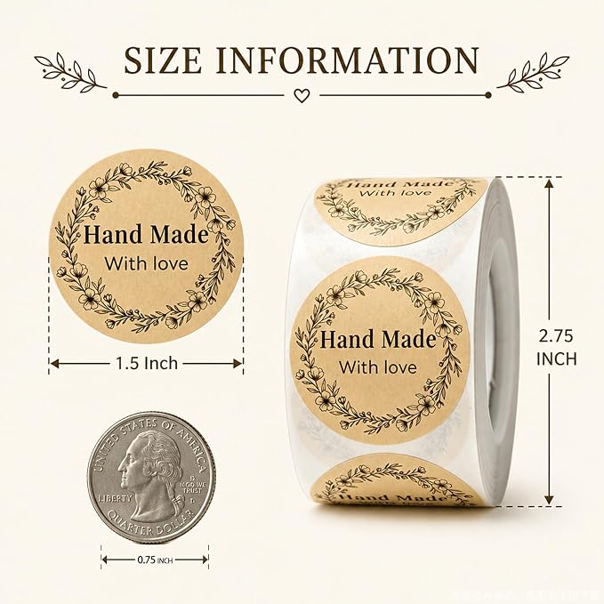 500 PCS Thank You Stickers 1.5 Inch Round Kraft Paper Labels, Floral Wreath Handmade with Love Stickers for Small Business Packaging, Self Adhesive Rustic Handmade Labels