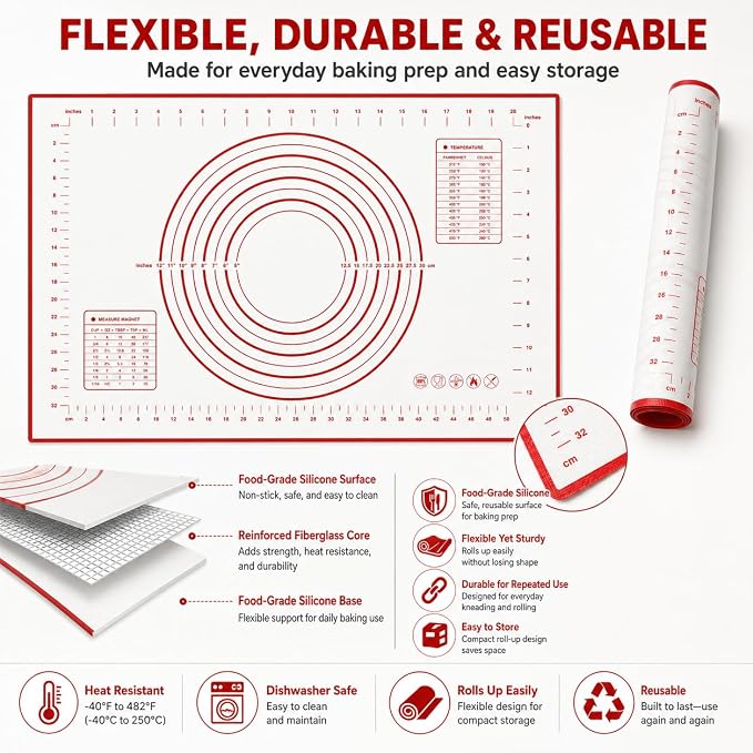 Silicone Pastry Mat 24 x 16 Inch, Non-Stick Dough Mat with Measurements | 24 x 16 inch food-grade silicone pastry mat with non-stick surface, printed guides, easy cleanup and roll-up storage.