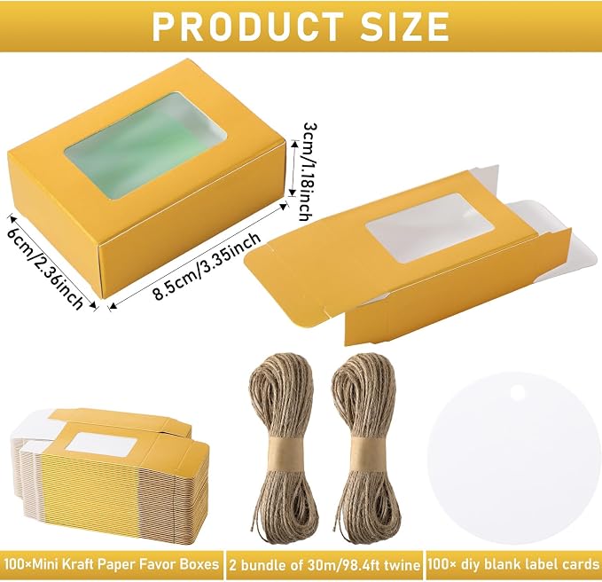 Zhanmai 100 Set Gold Small Soap Boxes for Homemade Soap, 3.35 x 2.36 x 1.2 Inch Paper Packaging Boxes with Window, with 100 Tag and Twine, Gift Wrapping Supplies for Bakery Candy Cookies Party Favors