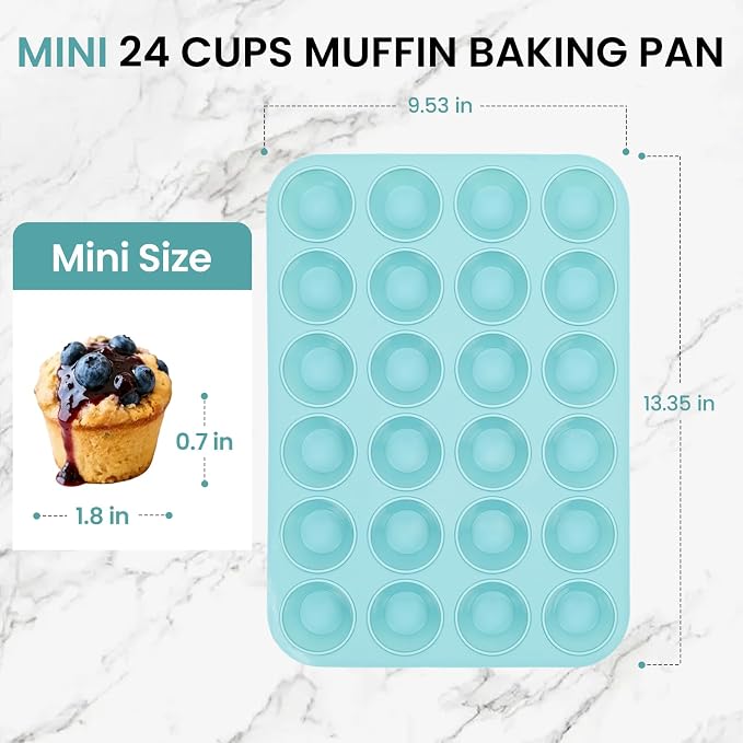 CAKETIME Silicone Mini Muffin Pan, 24 Cups Nonstick Mini Cupcake Pan for Baking Muffin, Cupcake, Egg Bites, Fat Bomb, Light Blue