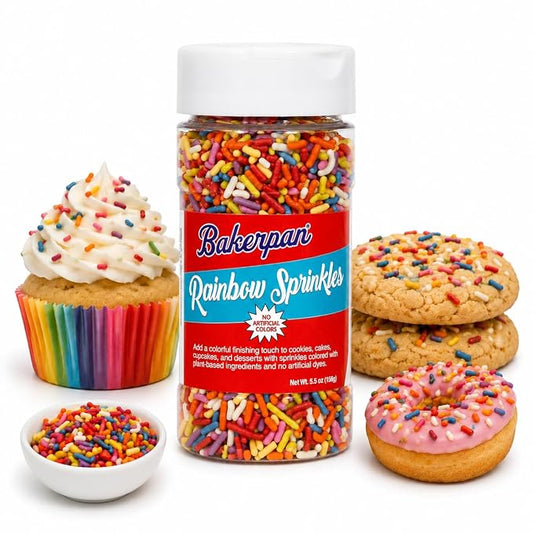 Bakerpan Artificial Dye-Free Rainbow Jimmies Sprinkles - 5.5 oz - Naturally Colored Sprinkles for Cake Decorating, Cupcakes, Cookies, Donuts & Ice Cream