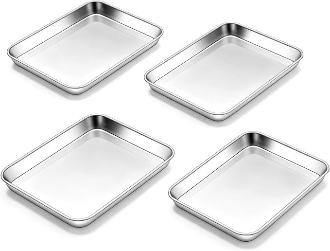 Homikit 4 Pack Baking Sheet, 9 x 7 Inches Stainless Steel Cookie Tray Set for Cooking Toasting, Mini Metal Cookie Toaster Oven Baking Pan Non Stick, Rustproof & Mirror Finish, Dishwasher Safe