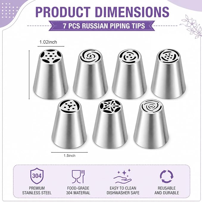7 Pieces Russian Piping Tips,Cake Decorating Supplies Piping Tips | Stainless Steel, For Cookie And Cake Decorating,Birthday Cake, Cupcake, DIY Cream Baking Tools
