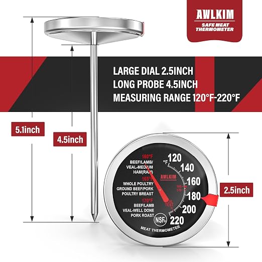 AWLKIM 2 Pack Analog Meat Thermometer Oven Safe Dial No Battery | Bimetallic Stem Dial, Leave-In Oven Safe, 2.5in Large Face, No Batteries for Roast Turkey Grill BBQ Cooking