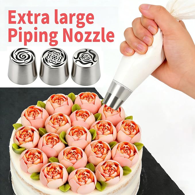 3Pack Extra Large Russian Piping Nozzles, Stainless Steel Flower Icing Tips for Cake Decorating, Baking Tools for Desserts & Cookies