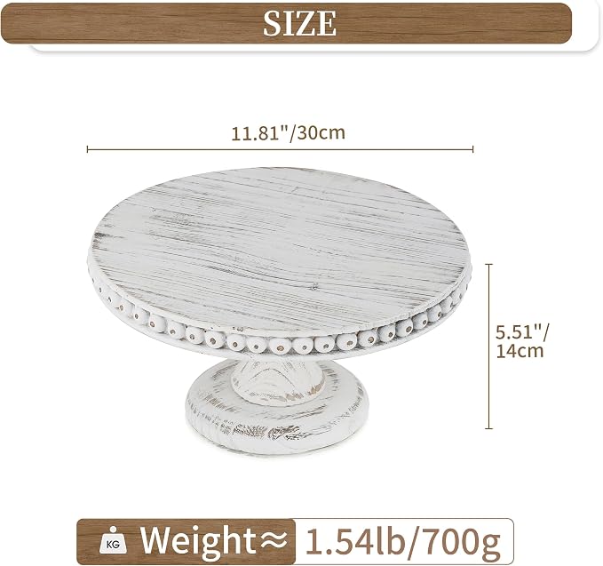 Hanobe White Wood Cake Stand: Cupcake Pedestal Stand 12 inch Dessert Display Riser Rustic Round Cakes Holder Tray Vintage Beads Wooden Plate for Christmas Wedding Birthday Decor