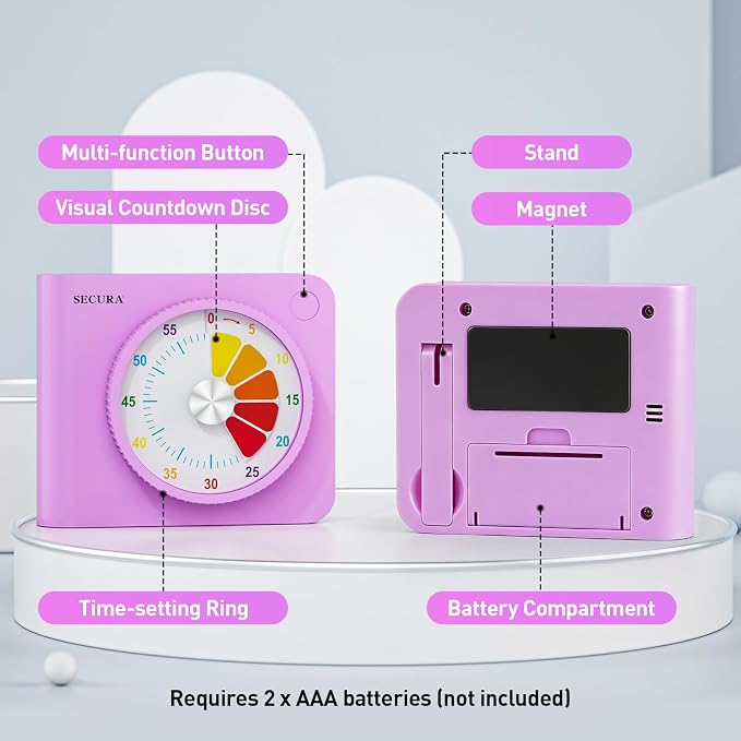 Secura Rainbow Visual Timer for Kids, 60-Minute Countdown Timer | ADHD Timer for Time Management, No Ticking for Focus, Mute & Beep Alert, Pause function, Magnetic Backing, Stand (Purple)
