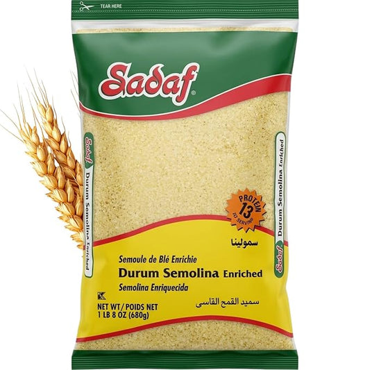 Sadaf Durum Semolina Fine - Enriched Durum Semolina for Cooking & Baking - Semolina Flour - Middle Eastern Cuisine - Kosher - 24 Oz Resealable Bag