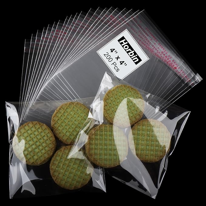 200Pcs Cookie Bags， Self Sealing Cellophane Bags 4x4 Inch, Resealable Treat Bag for Fresh Cookies, Candy, Gifts, and Party Favors