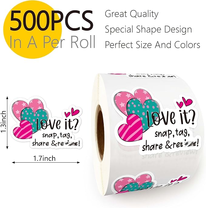 Love it Brag About it Stickers Roll, Snap Share Review, Handmade Boutique Packaging, Bracelet Business, Try Me - 500pcs