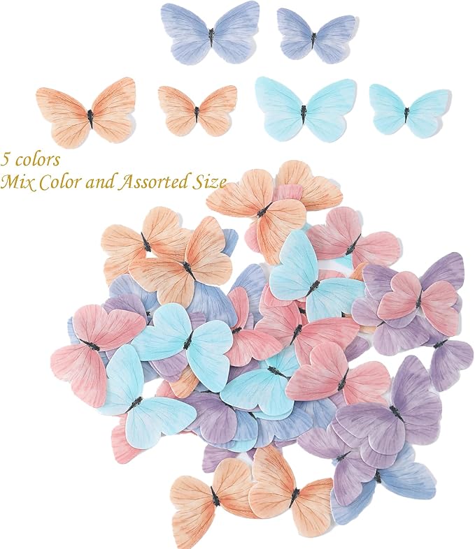 58Pcs Edible Butterflies Cake Toppers Wafer Paper Butterfly for Cake Cupcake Decorations Colorful Small Pastel Cupcake Topper for Wedding Birthday Baby Shower Cake Decoratings(Mix Color & Size)