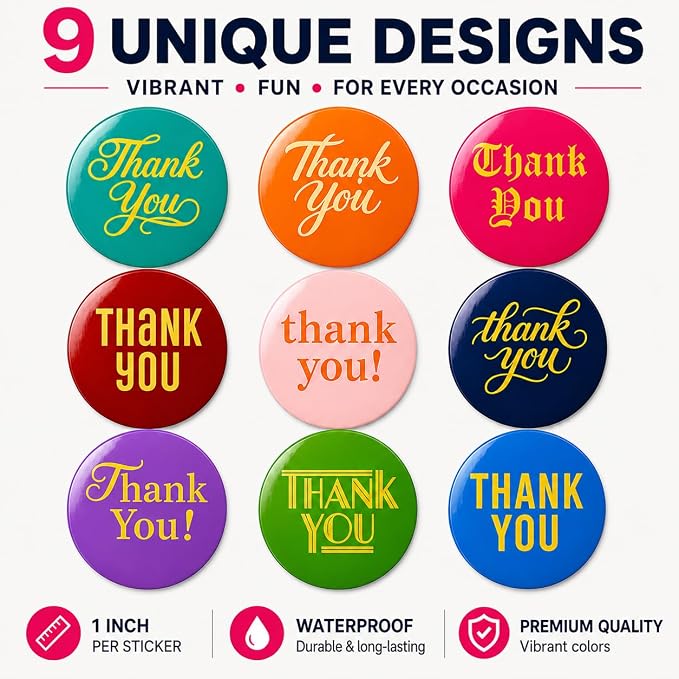 1000 Thank You Stickers, 1 Inch Round Thank You Sticker Roll, Bulk Thank You Stickers for Small Business Packaging, Boxes, Bags, Envelopes, Baked Goods & Party Favors, 2 Rolls of 500