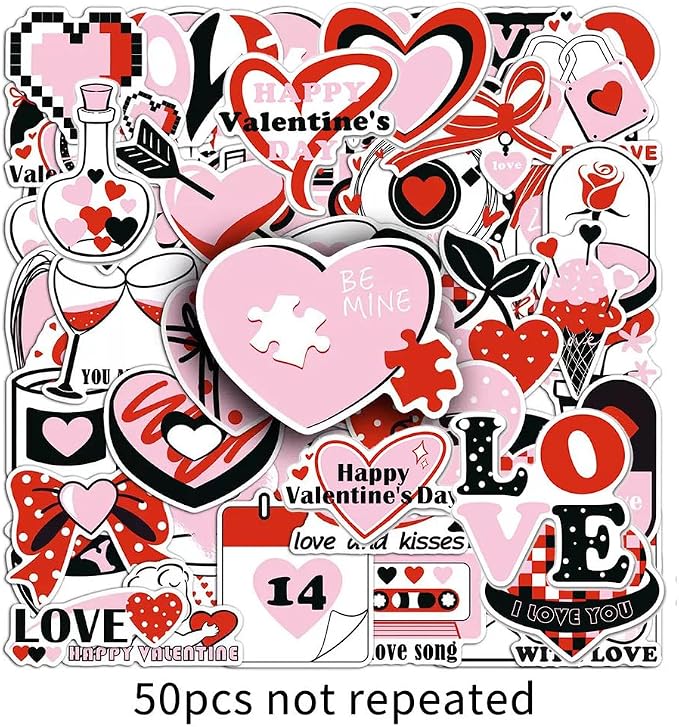 I Love You Stickers |50Pcs Valentine's Day Theme Waterproof Vinyl Stickers | Removable Resuable Sun-proof Peel and Stick for Water Bottles Laptop Luggage Cup Computer Mobile Phone Skateboard Decoration