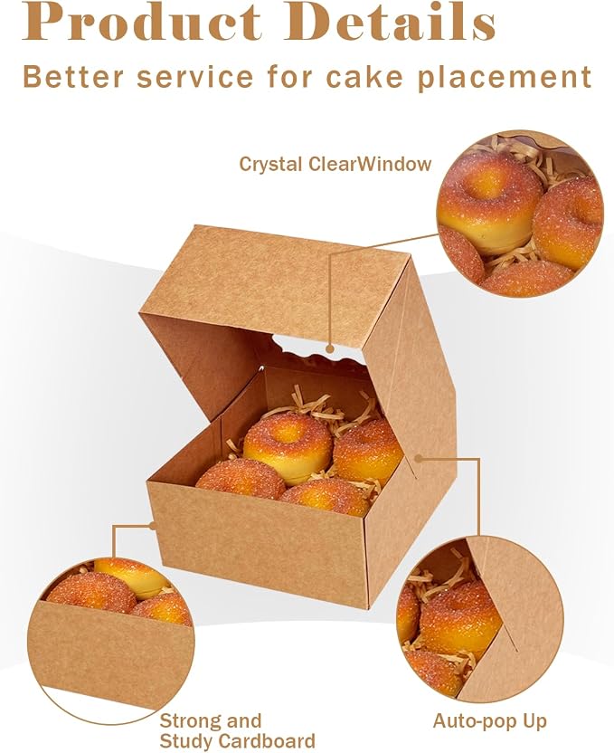 qiqee Auto-pop up Cookie Box with Window 6x6x3 Inch Brown 60Pcs Pastry Macaron Bakery Pie Box For Packaging