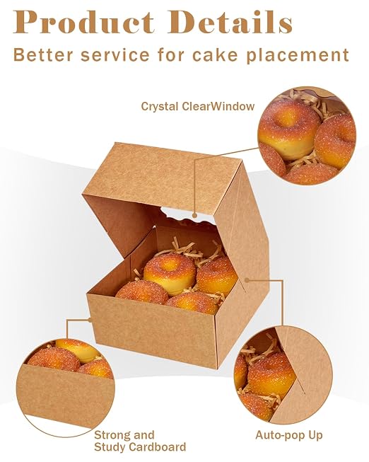qiqee Auto-pop Up 240pcs Brown Bakery Box with Window 6"×6"×3" Macaron Boxes Small Donut Pastry Boxes for Party Mini Cookie Boxes
