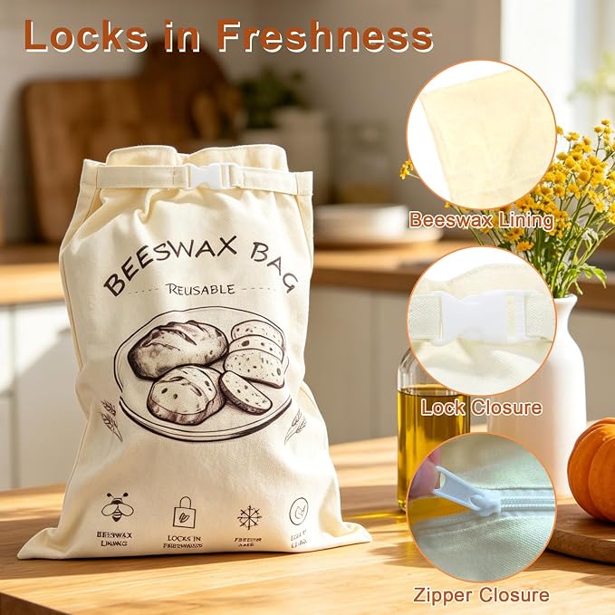Beeswax Bread Bag 2 Pack, Reusable Organic Cotton Beeswax Bread Bags for Sourdough Homemade Bread, 17x13 Inch Large Capacity, Eco-Friendly, Keep Fresh, Locks in Moisture, Lock Closure, Easy to Clean