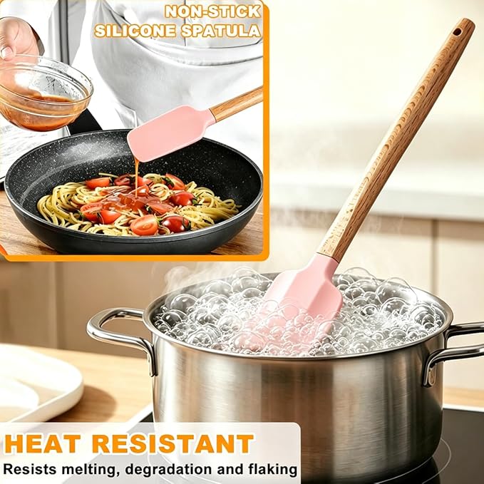 Silicone Spatula Set - 7 Piece Food Grade Rubber Spatula, Heat Resistant Up to 600°F, Wooden Handle Kitchen Utensils Set for Cooking, Baking & Mixing, Jar, Non-Stick Silicone Utensil Pink