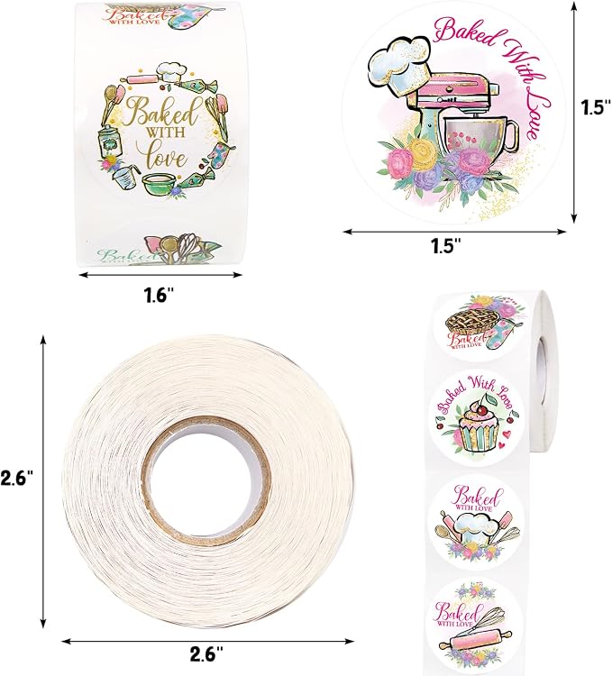 WorldBazaar Baked with Love Stickers 500pcs Floral Homemade with Love Stickers Cookies Packaging Stickers for Bakery Box Birthday Wedding Baby Shower Christmas Small Business Supplies