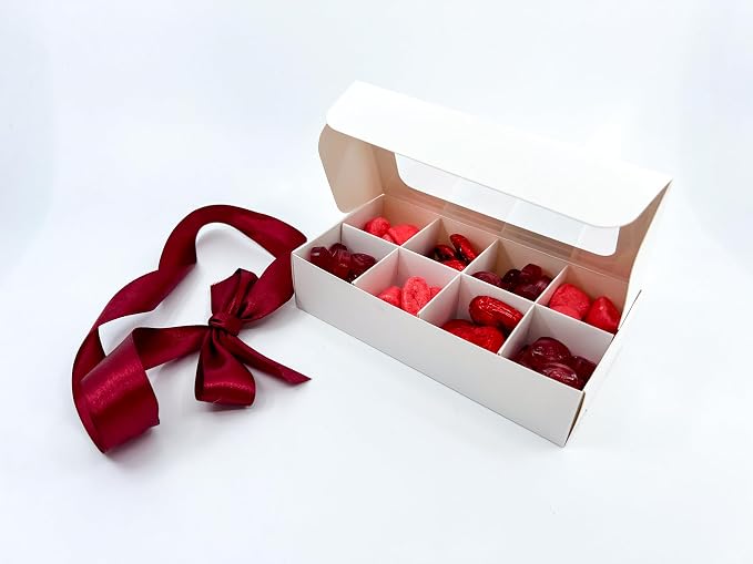 20pcs White Treat Boxes with Window and Dividers | 8 X-SMALL compartments | 6.75 x 3.5 x 1.57 in | Empty candy boxes for gift giving, truffle box - perfect for Valentine's Day
