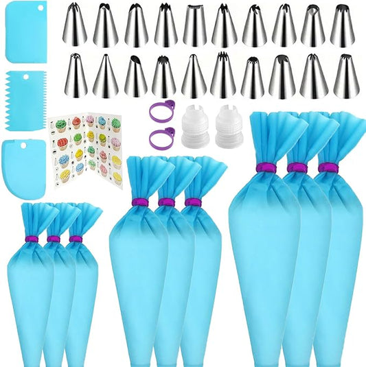 Reusable Piping Bags and Tips Set - Silicone Pastry Bags 3X (12’’+14’’+16’’) with Icing & Frosting Tips for Cake Decorating, Cupcakes, Cookies, Deviled Eggs, and Baking Accessories, Baking Tools Kit